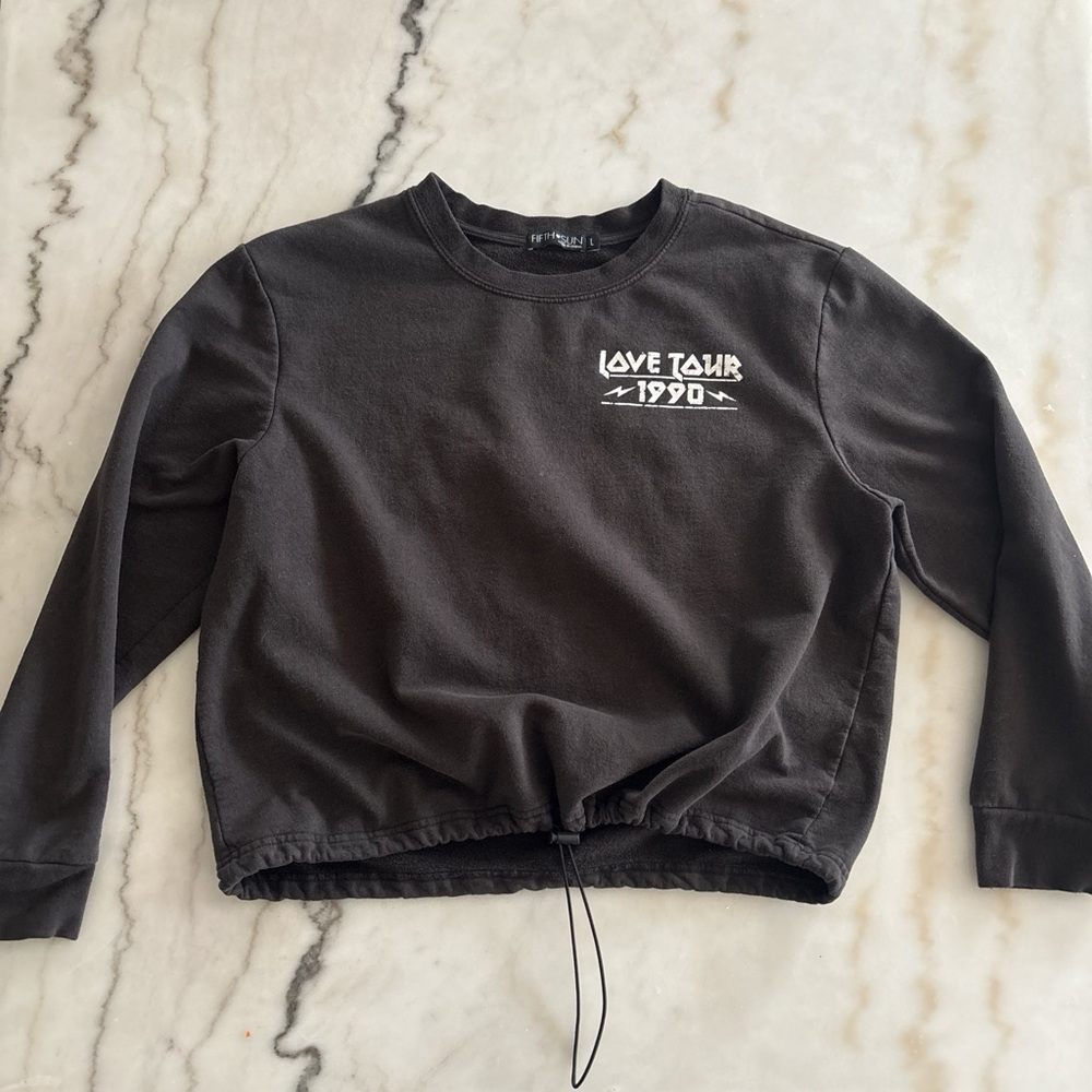 Fifth Sun Love Tour 1990 Cropped Sweatshirt Black Drawstring Toggle Size Large